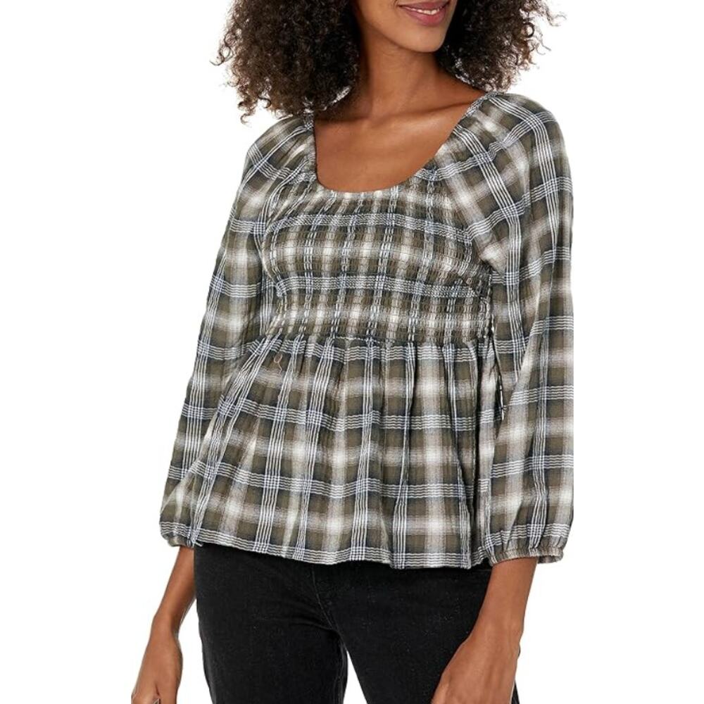 TOMMY JEANS Women's Plaid Peplum Top XS Green Thyme 3/4 Sleeve NWT